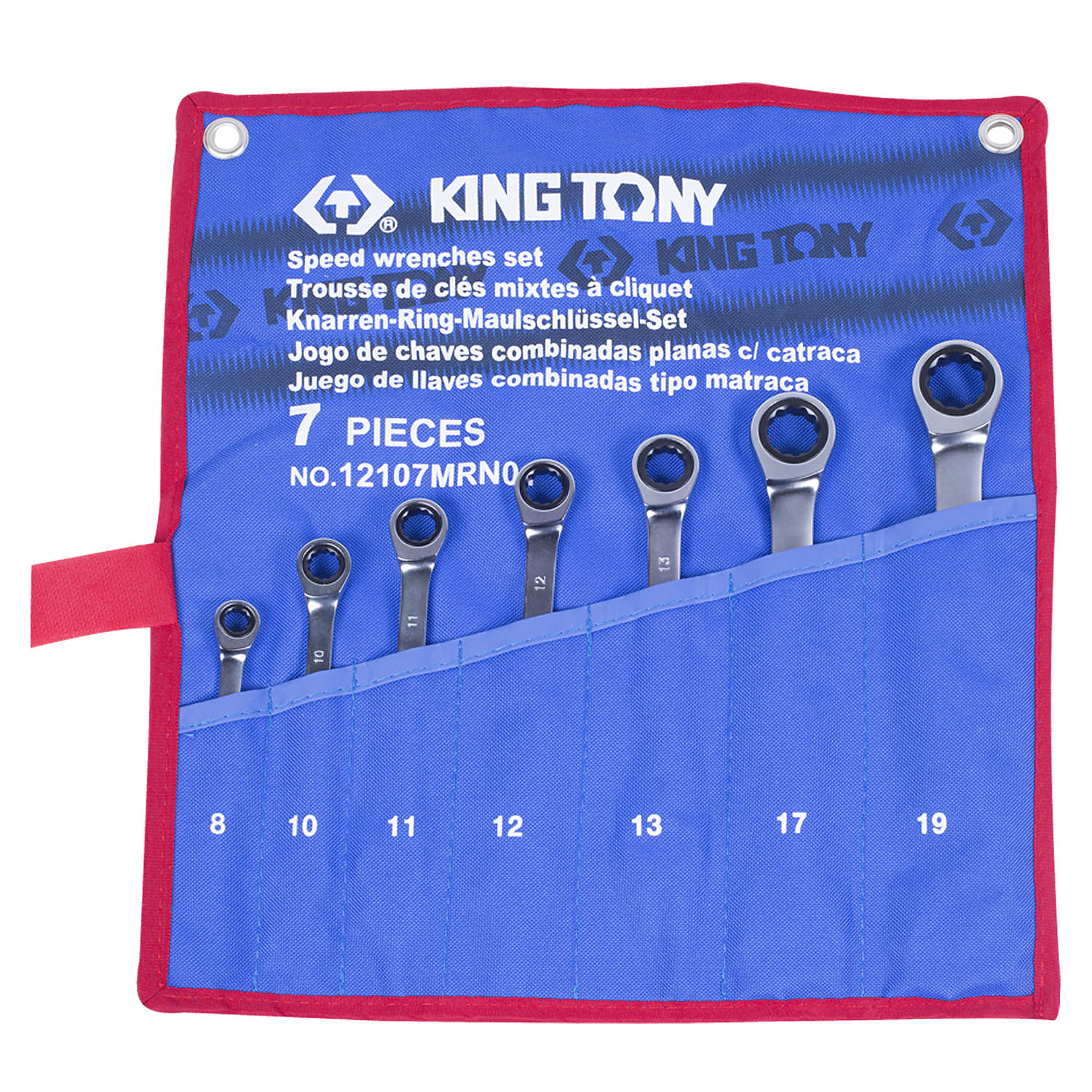 12107MRN01 KING TONY Набор комбинированных трещоточных ключей, 8-19 мм, чехол из теторона, 7 предметов