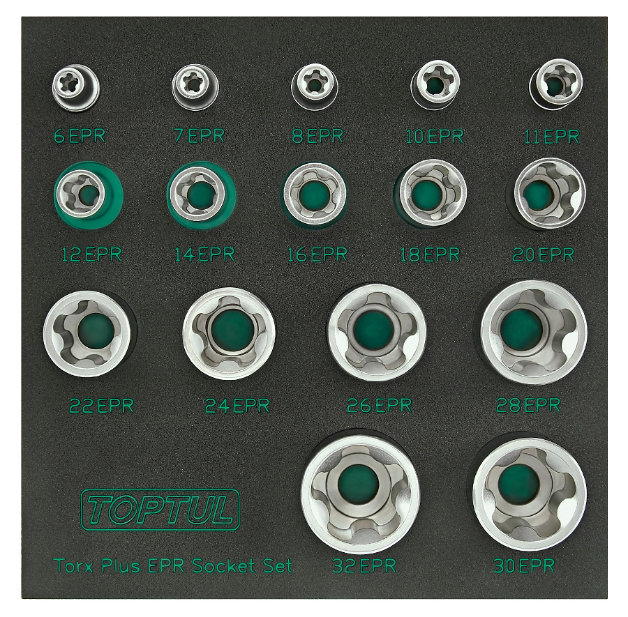 Набор торцевых головок TORX Plus EPR 1/4",3/8",1/2" 5-ти лучевые, 6EPR-32EPR, 16 пр. на ложементе TOPTUL GABF1601