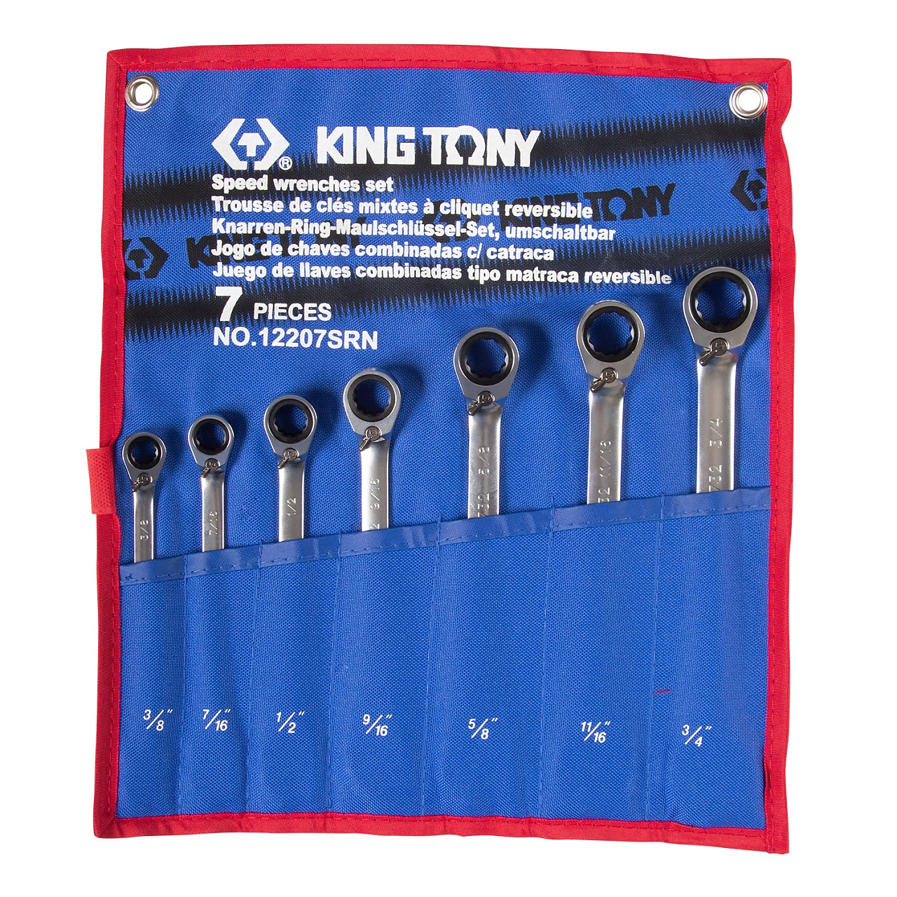 Набор комбинированных трещоточных ключей, 3/8"-3/4", чехол из теторона, 7 предметов KING TONY 12207SRN