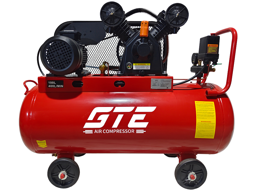 GTE-MR4100400A Компрессор пневматический 380В 3.0кВт 8атм. 400л/мин. ресивер-100л поршневой ременной GTE